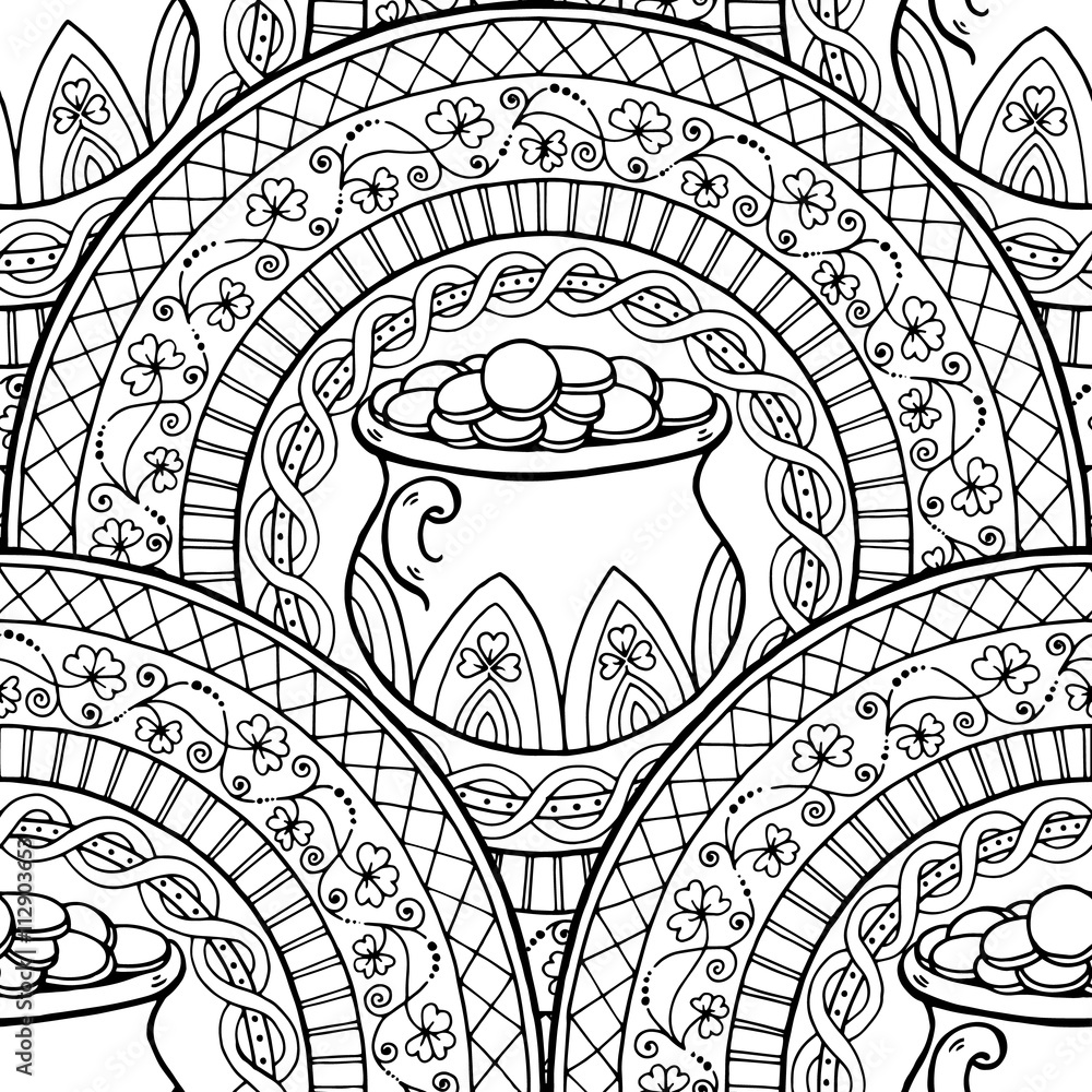 Saint patricks day theme mandala with irish pot golden coins with clover black white pattern can be used for wrapping paper coloring book for adults and kids engrave tiled seamless background