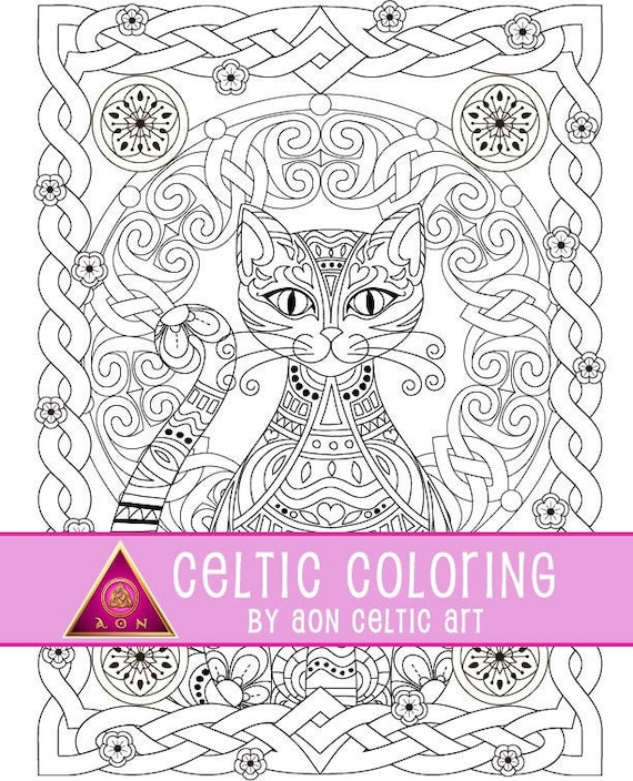 Celtic coloring page celtic cat irish colouring kitten animals knots spirals fantasy download adult coloring