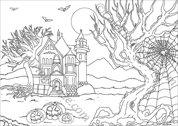 Halloween coloring page digital printable pdf illustration day of the dead art adult coloring books pumpkins old house spiderweb