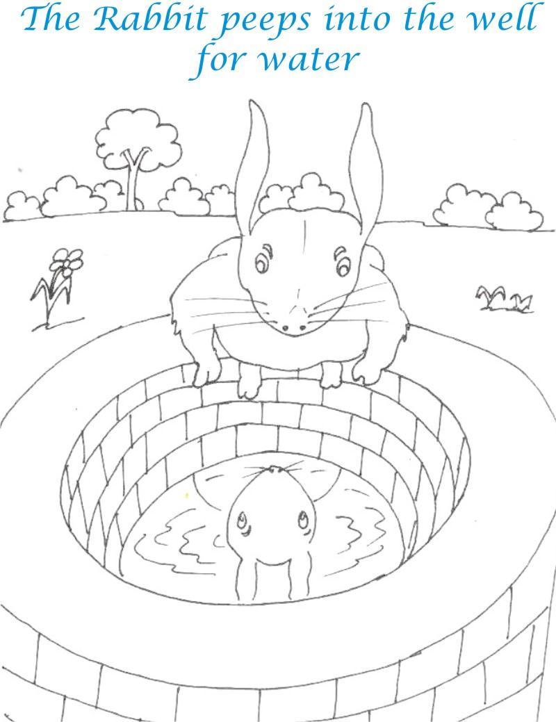 Rabbit showing lion in well coloring page for kids