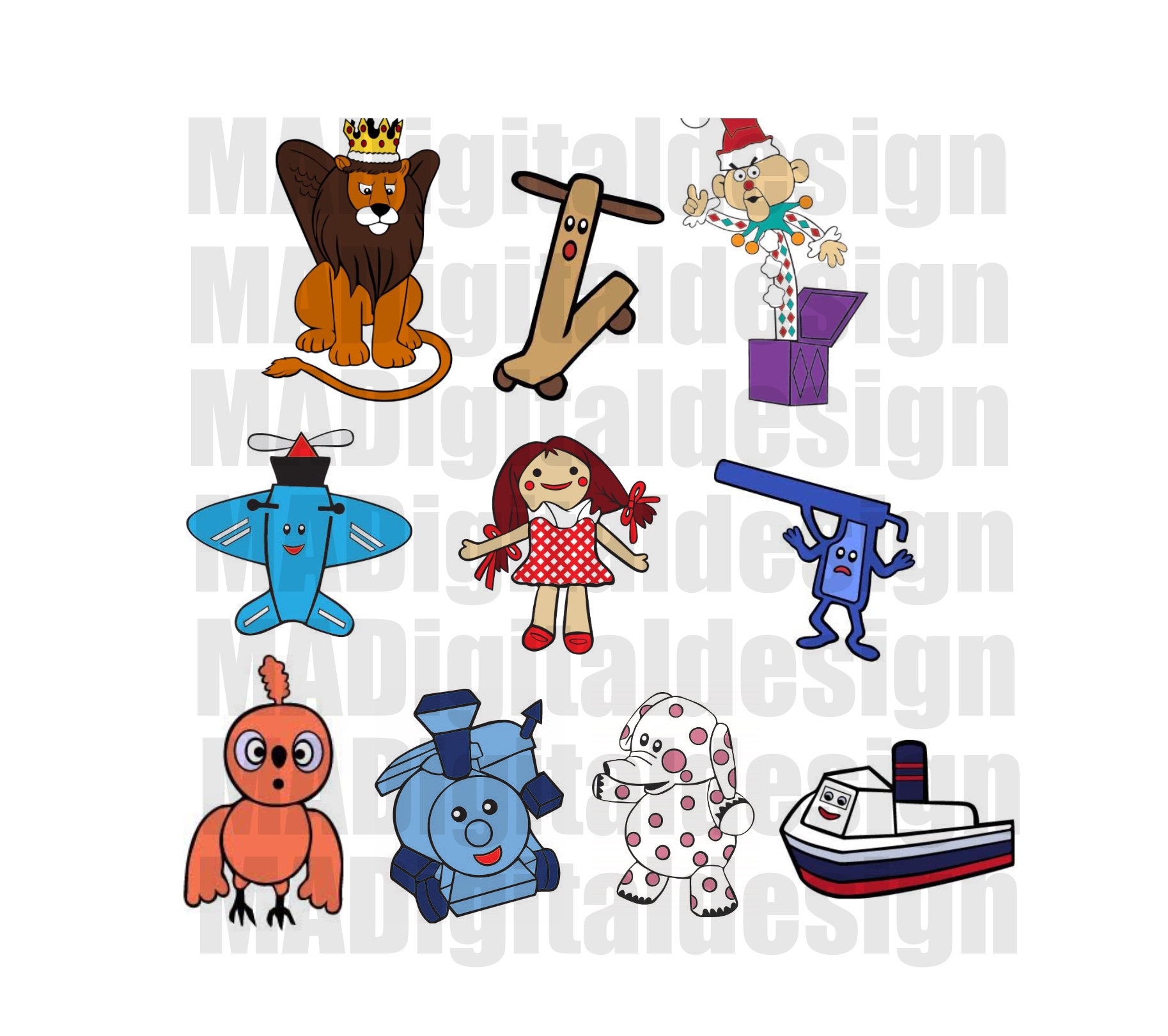 Island of misfit toys image mega bundle with lion elephant dolly charlie airplane train bird boat scooter jelly gun svg png jpeg