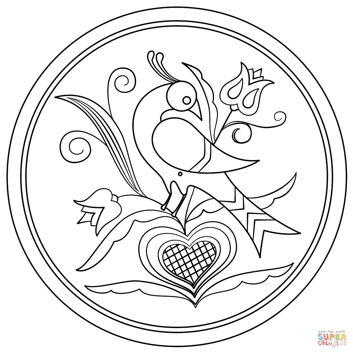 Hex sign with decorative bird coloring page free printable coloring pages