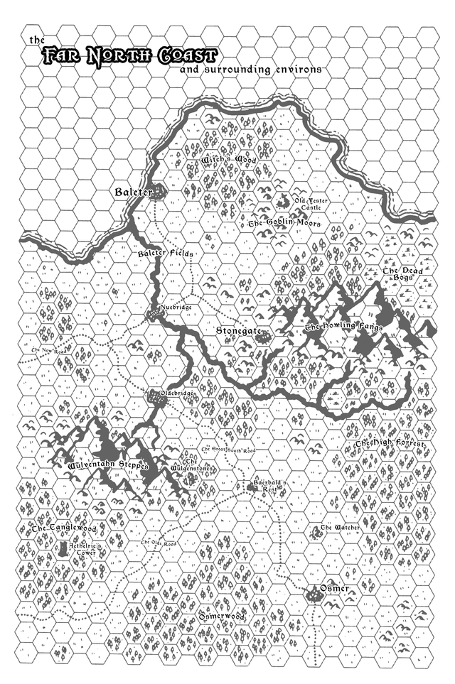 Hand drawn hex crawl map from an old cliche