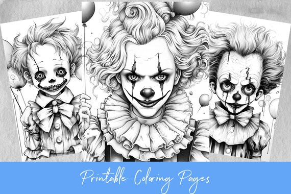 Little creepy clown coloring pages grayscale coloring page scary clowns adults kids size x inches printable pdf