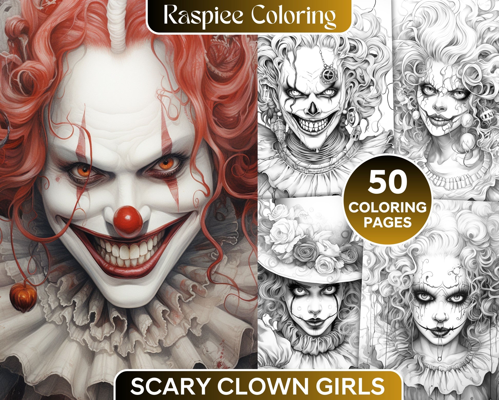 Scary clown girls grayscale coloring pages printable for adults pd â coloring