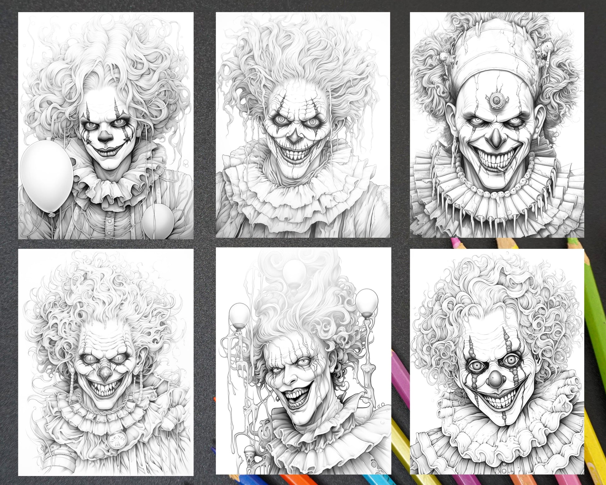 Spooky clowns grayscale coloring pages printable for adults pdf fi â coloring