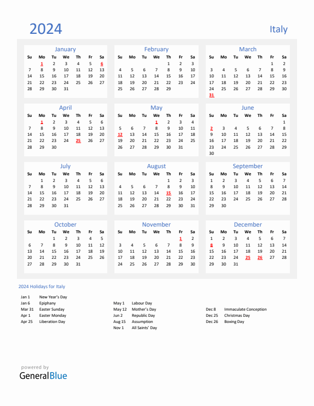 Italy calendar with holidays