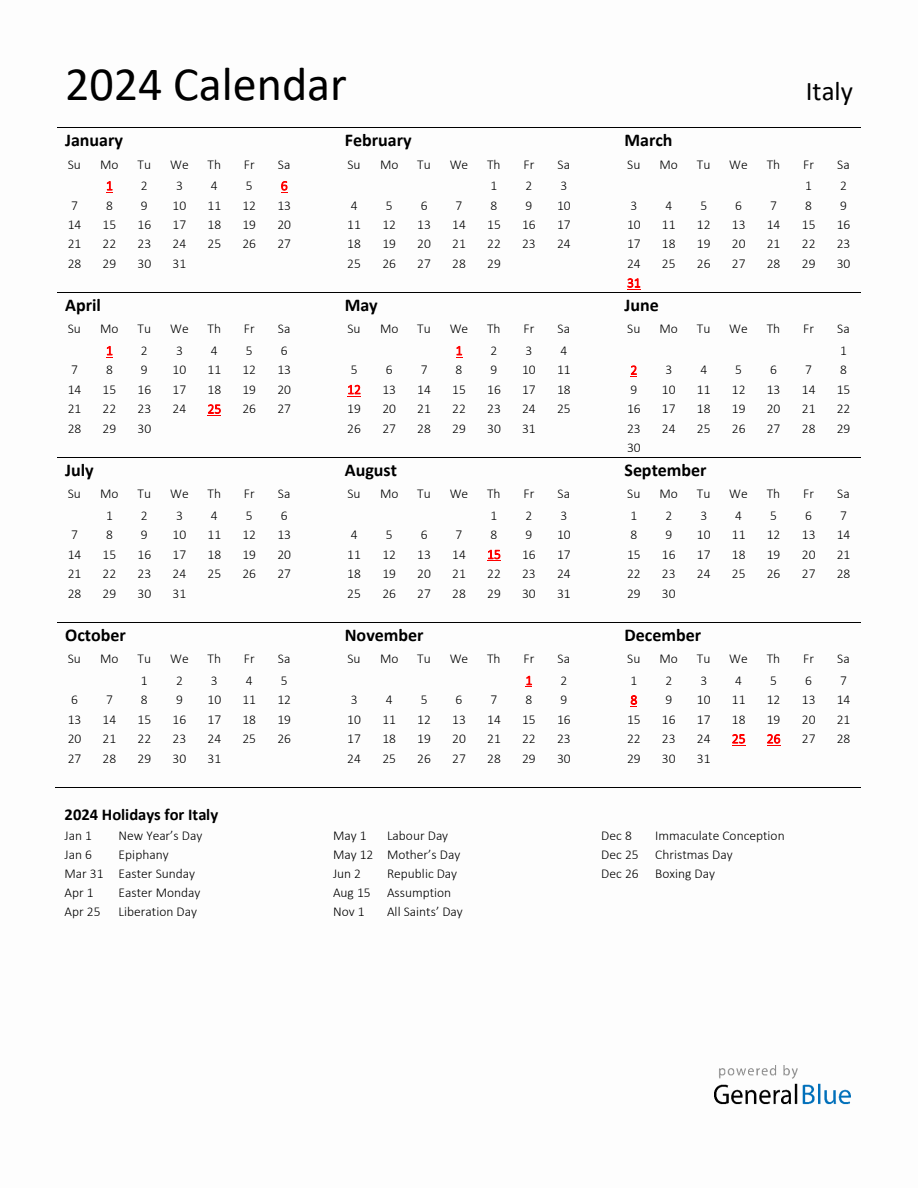 Standard holiday calendar for with italy holidays