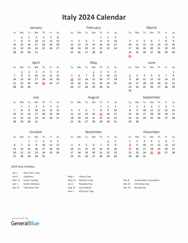 Italy calendar with holidays