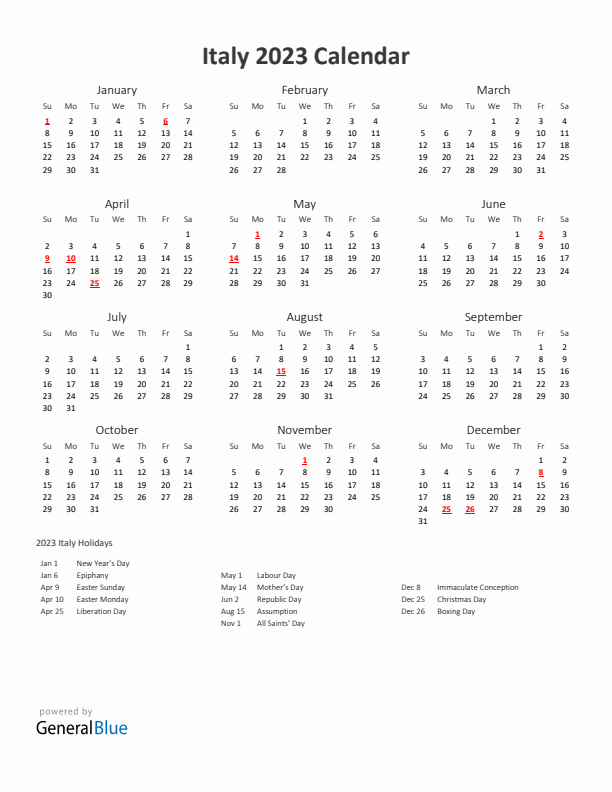 Italy calendar with holidays