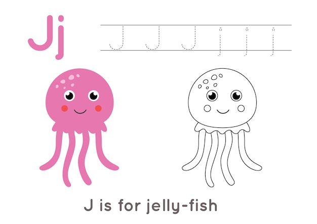 Premium vector coloring page with cute cartoon jelly fish alphabet tracing worksheet with letter j handwriting practice for kids