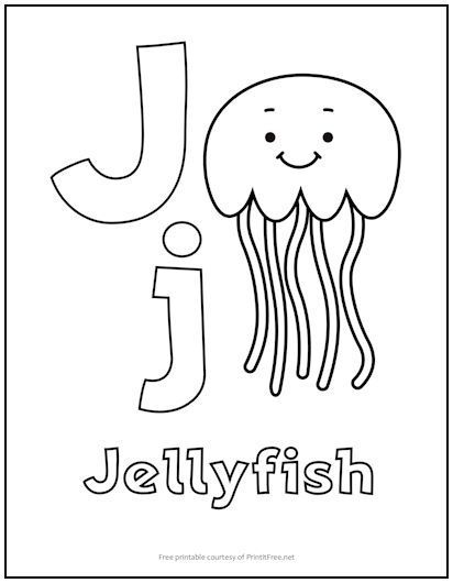 Coloring page letter j with jellyfish