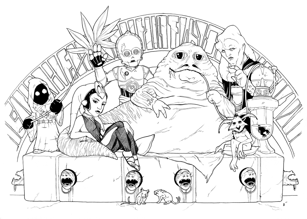 Jabba and friends ink drawing by jeff confer mighty jabbas collection