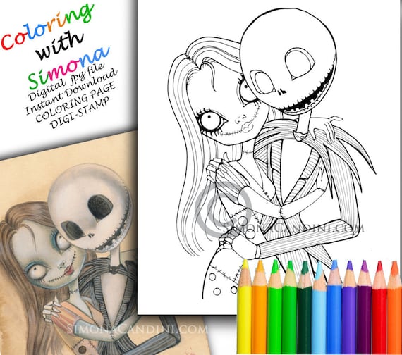 Jack and sally coloring page digi stamp instant download digital jpg file printable simona candini halloween pumpkin king valentine download now