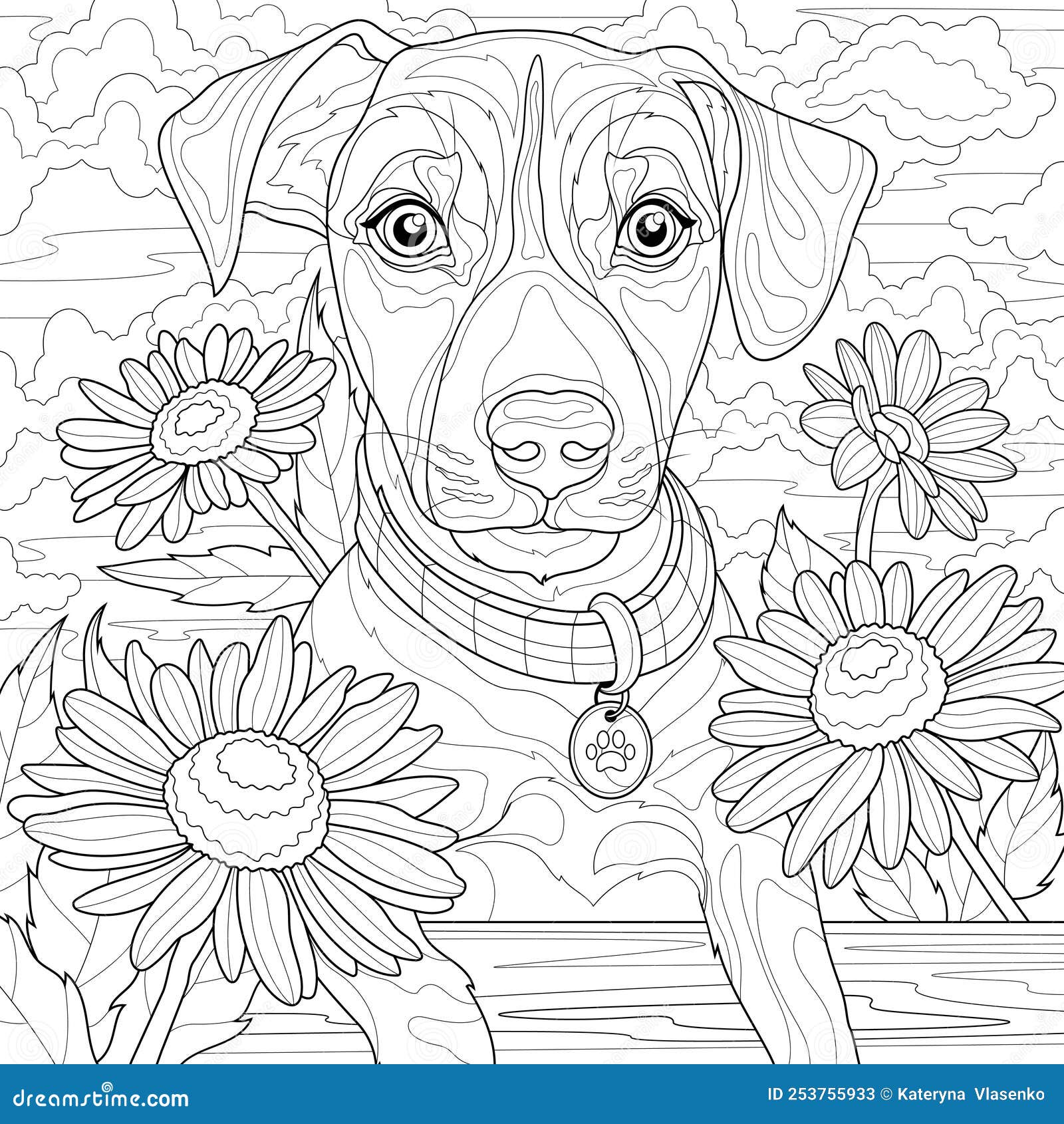 Dog with daisies jack russell terriercoloring book antistress for children and adults stock vector