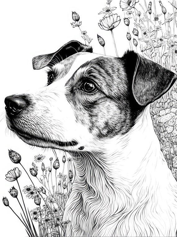Jack russell terrier adult coloring sheet ai generated coloring page of a jack russell dog with flowers instant download