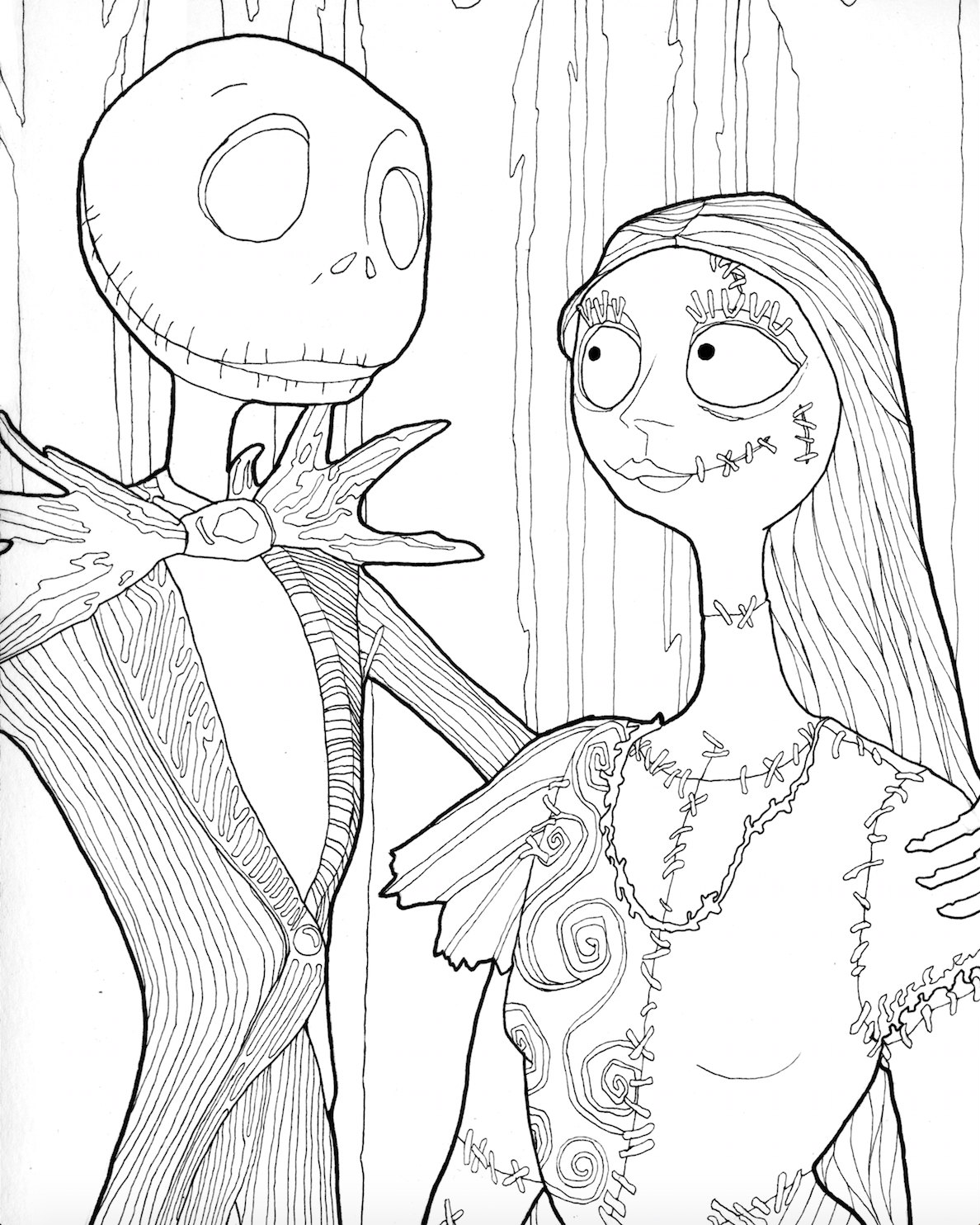 Digital download jack and sally halloween coloring page downloadable halloween coloring for adults jack skellington themed coloring page