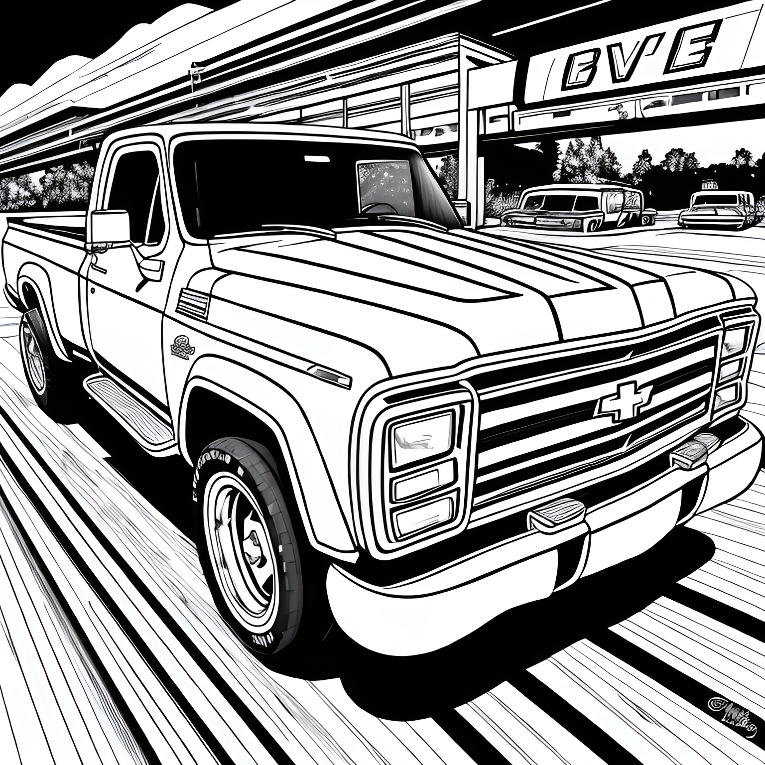 A realistic pnting of black and white coloring page s chevy truck on the highway cartoon style thick lines low detl no shading aspect ratio masterpiece good quality intricate detls