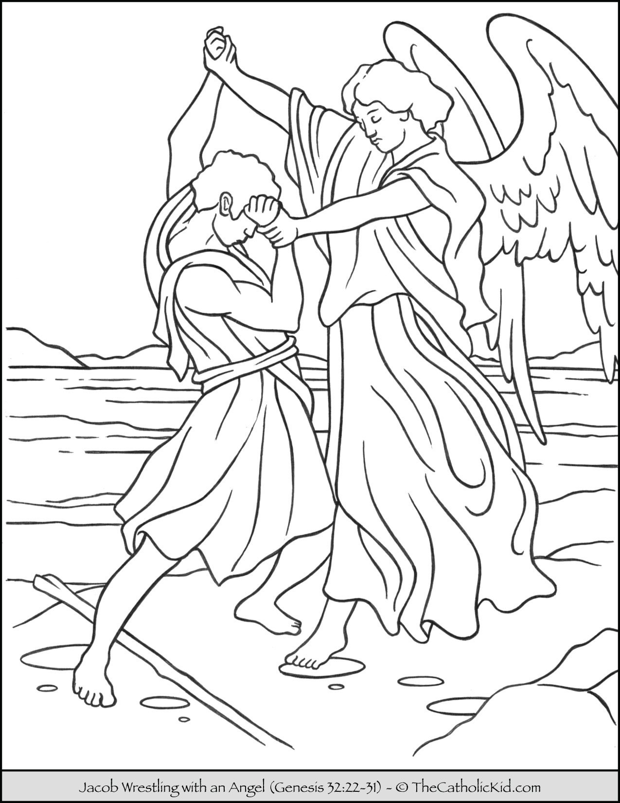 Jacob wrestles angle bible coloring page