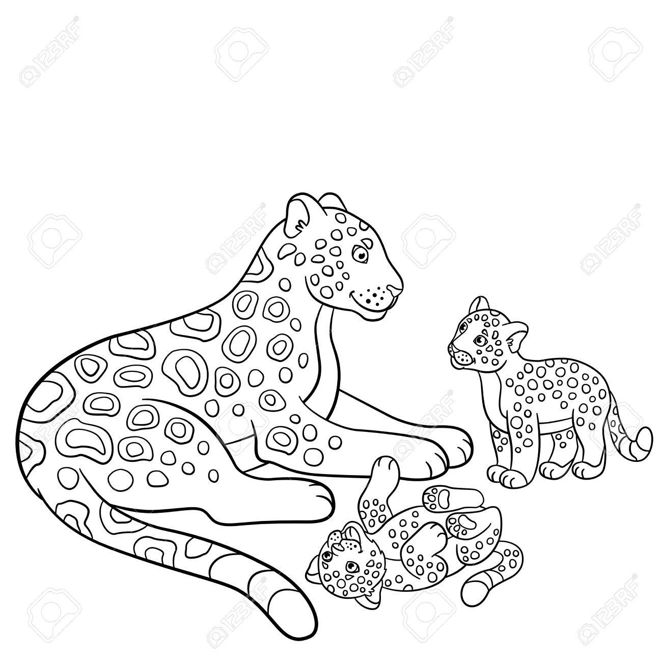 Coloring pages mother jaguar with her little cute cubs royalty free svg cliparts vectors and stock illustration image