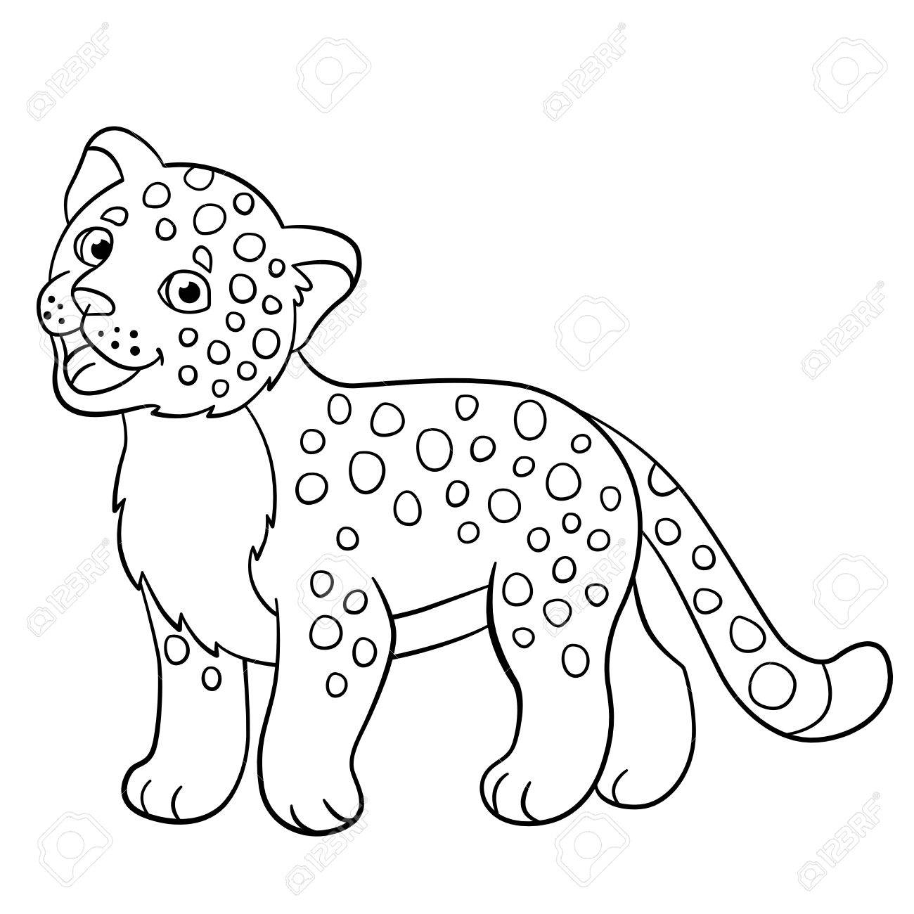 Coloring pages little cute spotted baby jaguar smiles royalty free svg cliparts vectors and stock illustration image