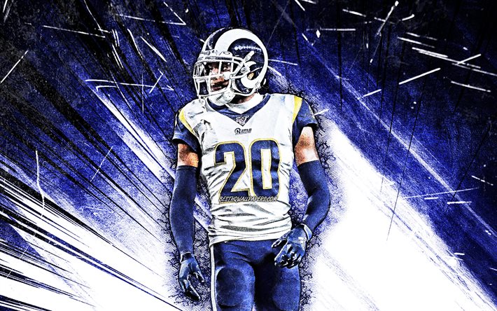 Download wallpapers k jalen ramsey grunge art nfl cornerback los angeles rams american football la rams jalen lattrel ramsey national football league blue abstract rays jalen ramsey rams for desktop free pictures