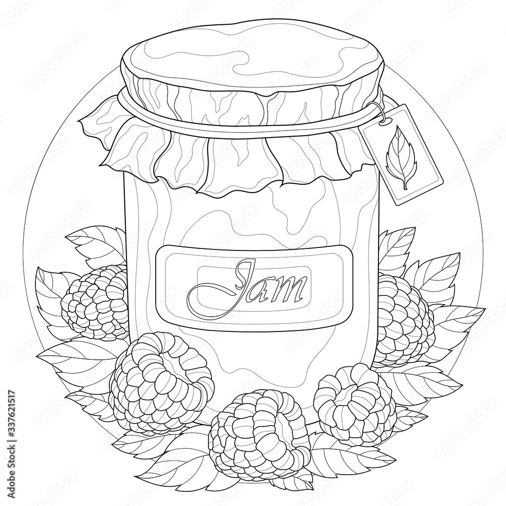 Jar with raspberry and mint jamtasty dessertcoloring book antistress for children and adults outline style black and white drawing vector