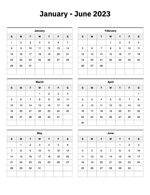 January to june calendar