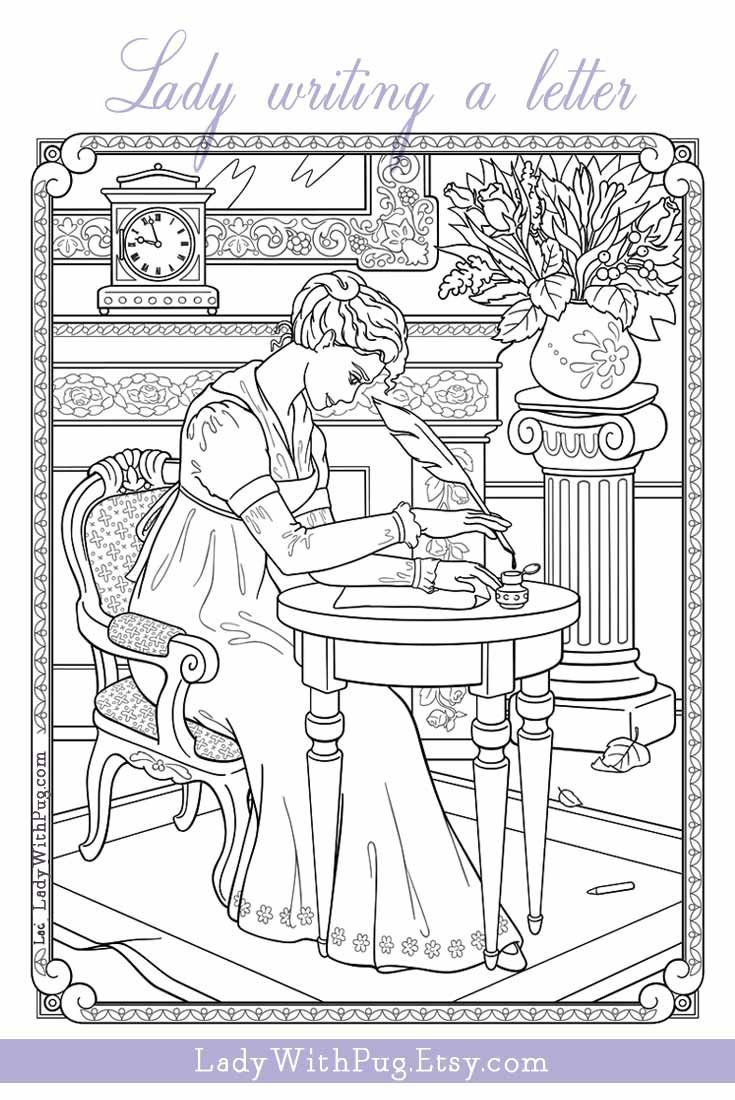 Adult coloring page lady writing a letter line art illustration printable digital download for jane austen and regency era fans