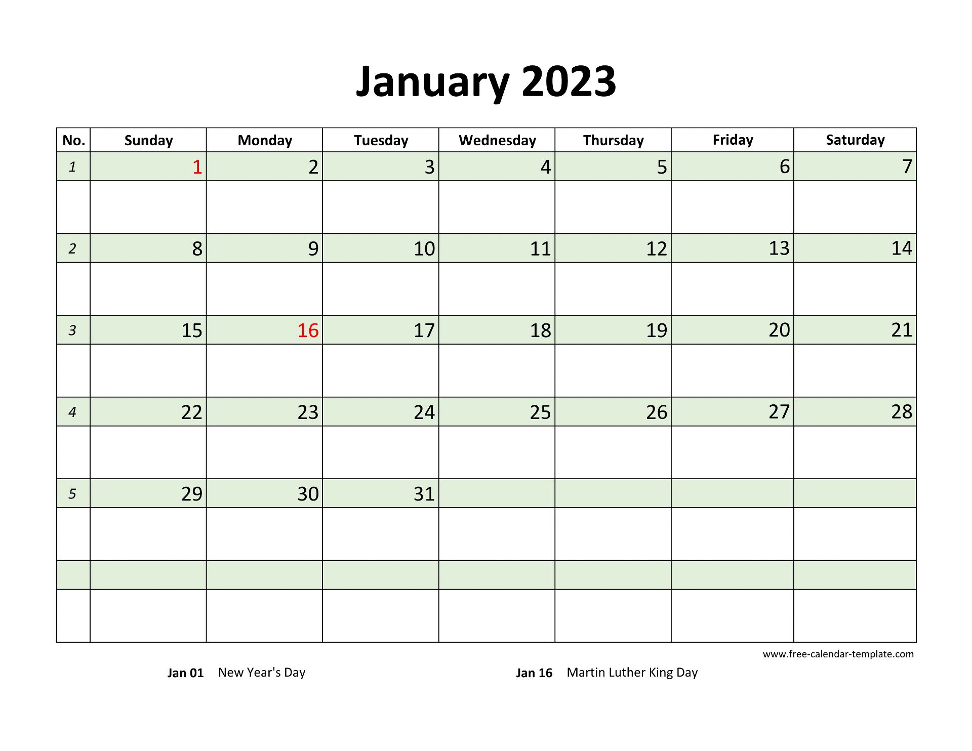 Free january calendar coloring on each day horizontal free