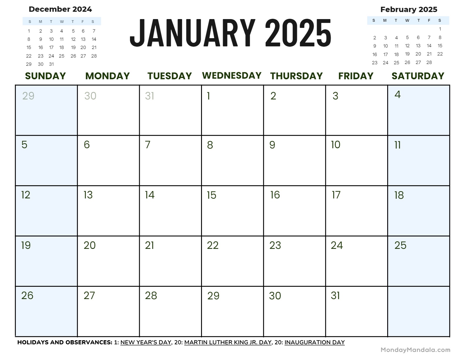 January calendar free pdf printables