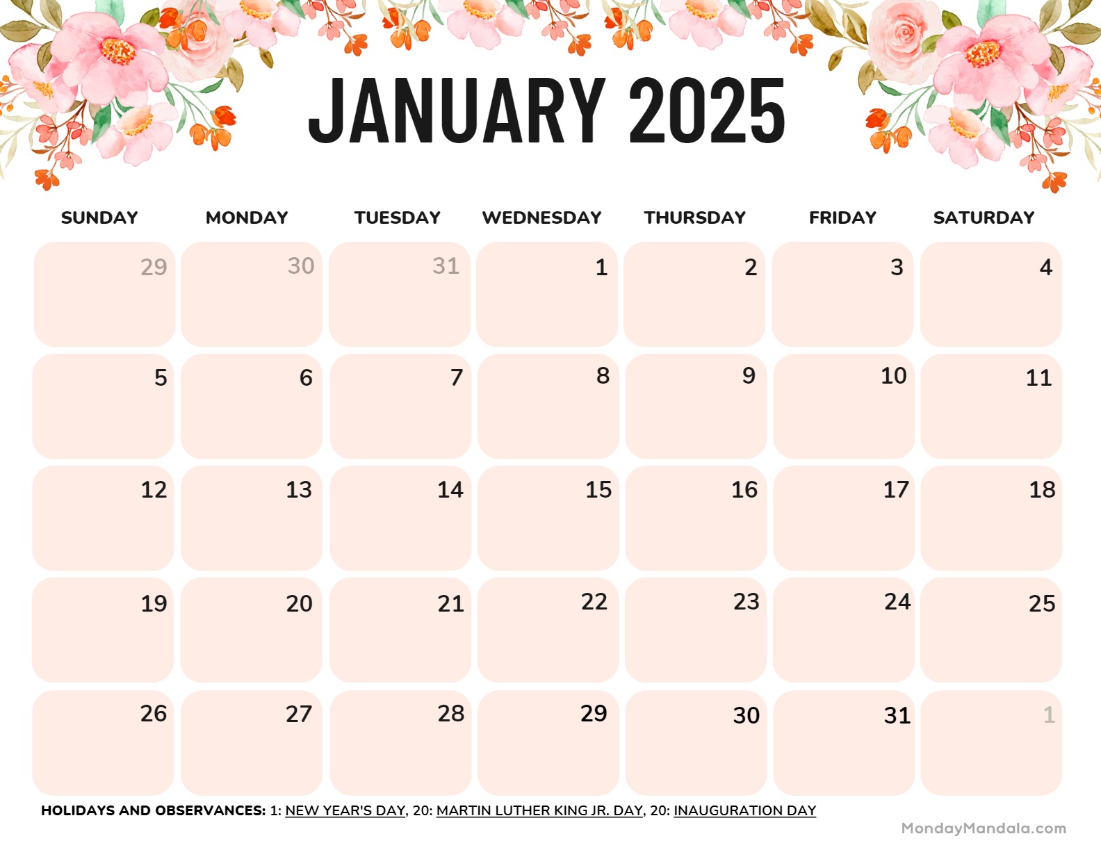 January calendar free pdf printables