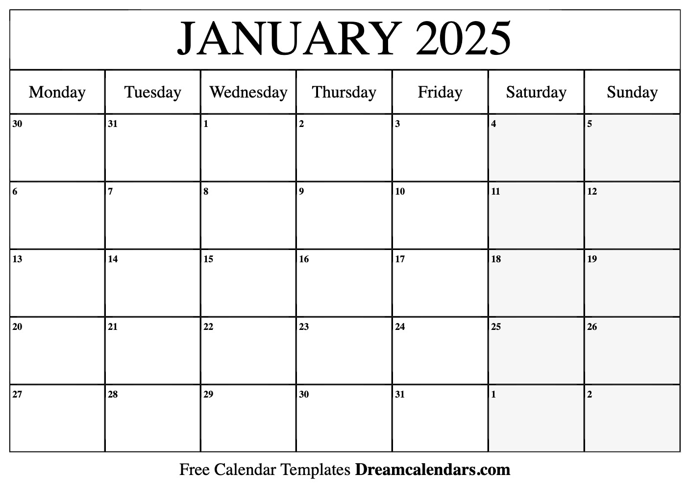 January calendar free blank printable with holidays