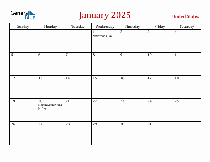 January monthly calendar with united states holidays