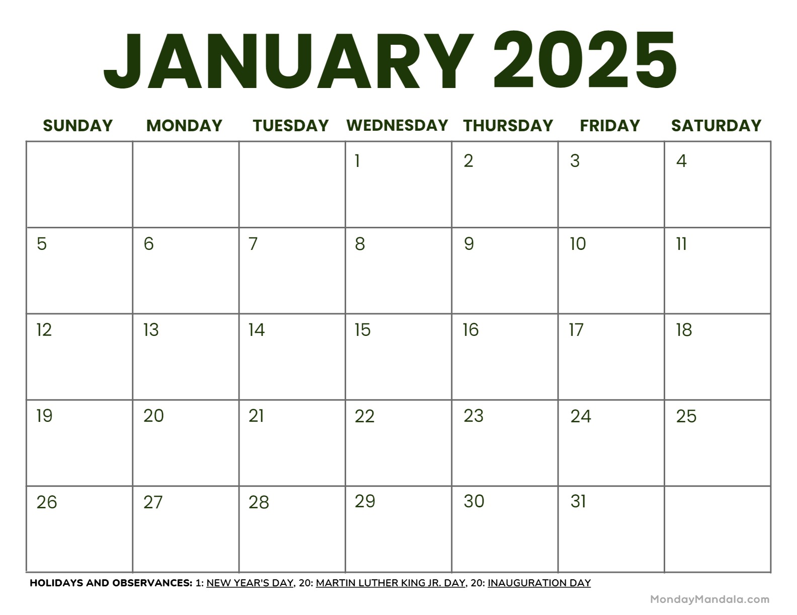 January calendar free pdf printables