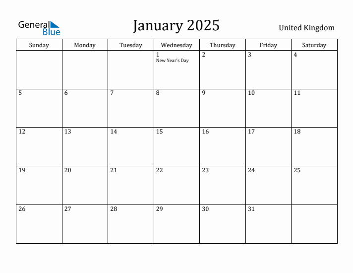 January monthly calendar with united kingdom holidays