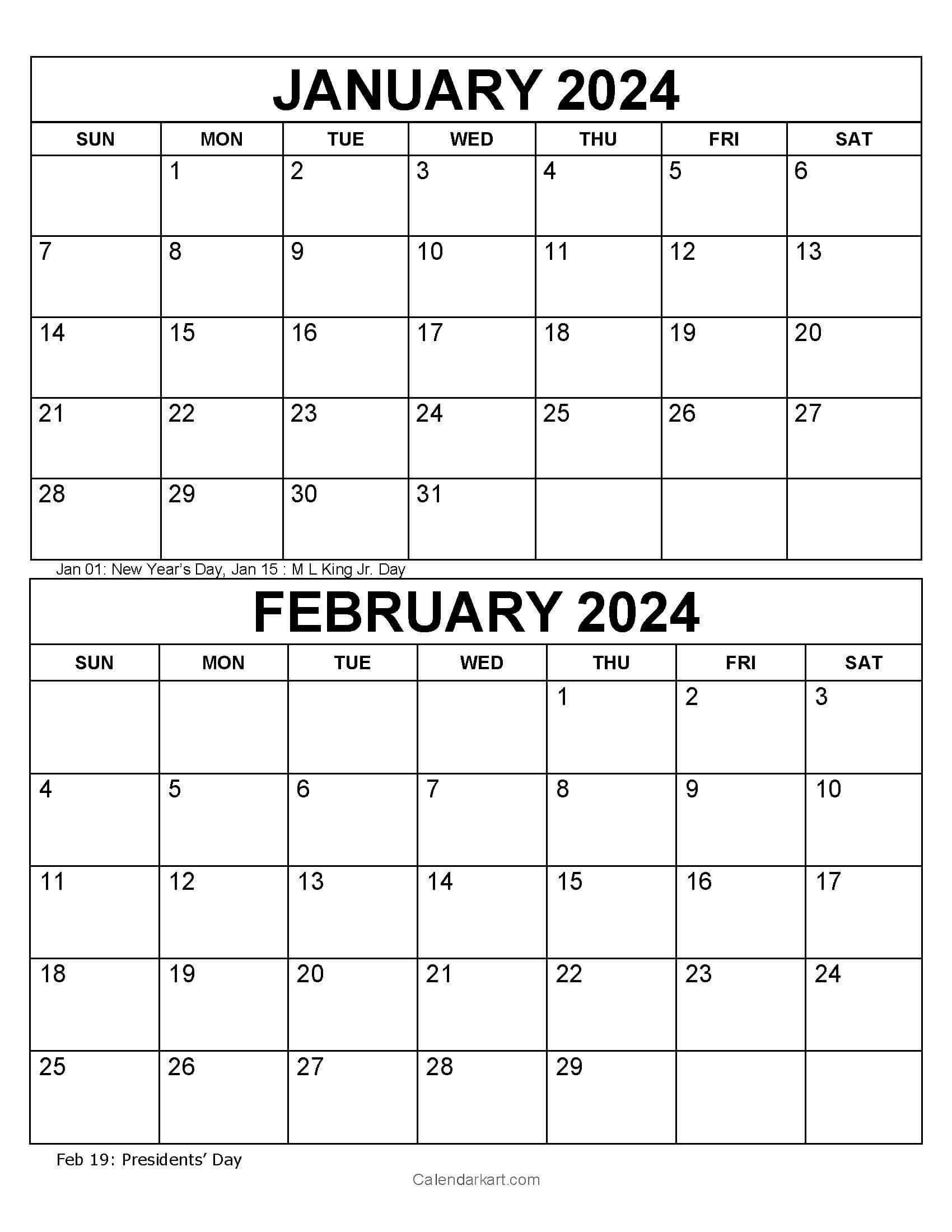 Free printable january february calendar