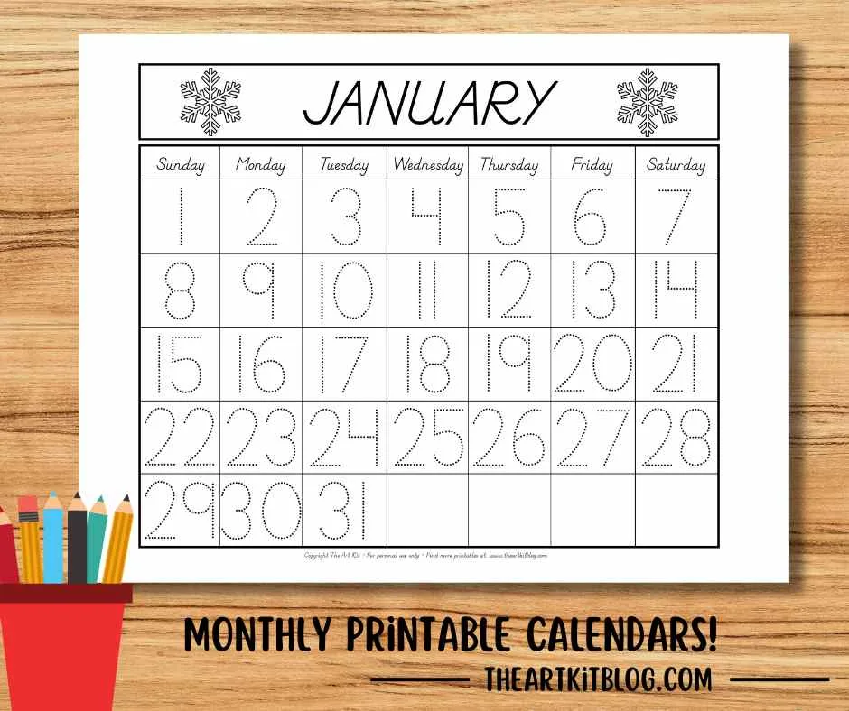 January tracing calendar coloring page free printable download â the art kit