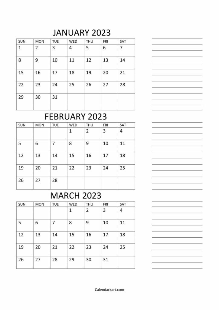 Free printable january to march calendar