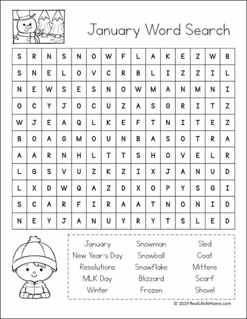 Free january word search printable puzzle set for kids