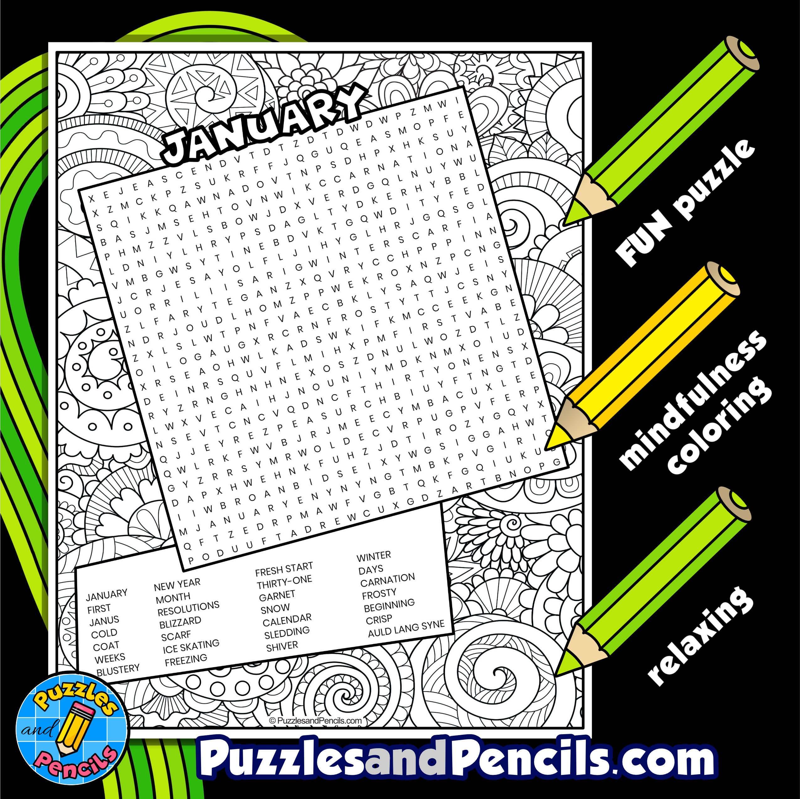 January word search puzzle activity page with coloring made by teachers