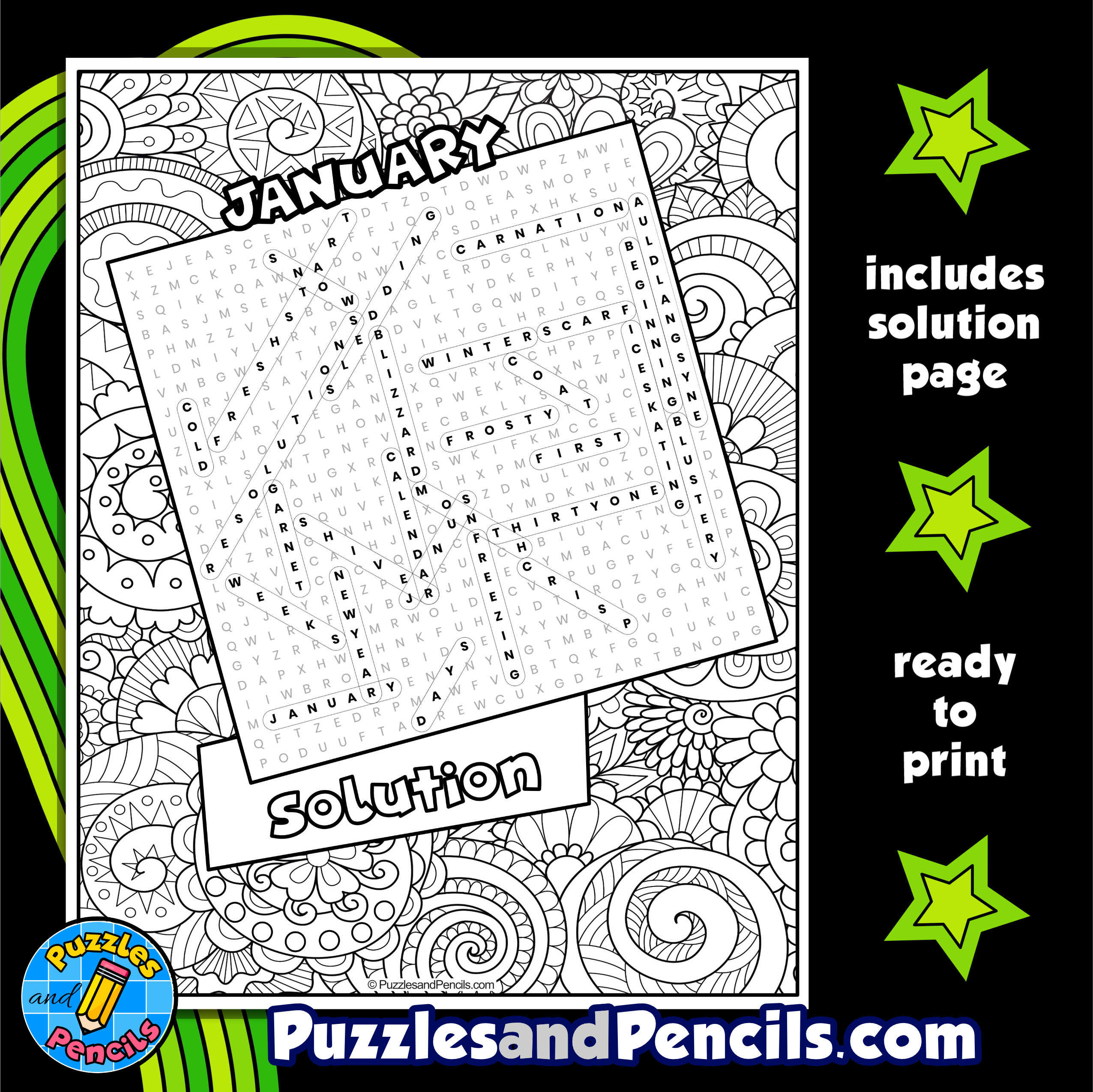 January word search puzzle activity page with coloring made by teachers