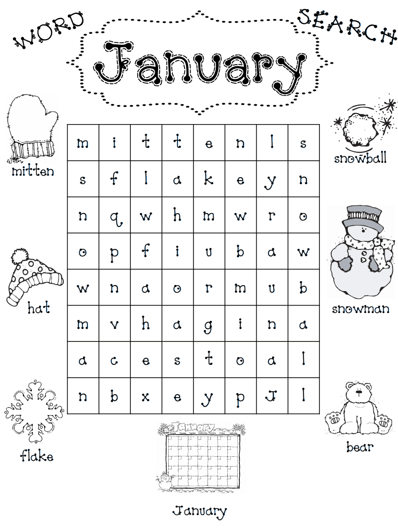 January word searchpdf january activities winter words school holidays