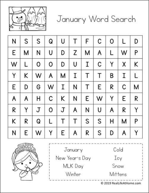 Free january word search printable puzzle set for kids