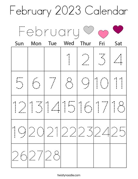 February calendar coloring page