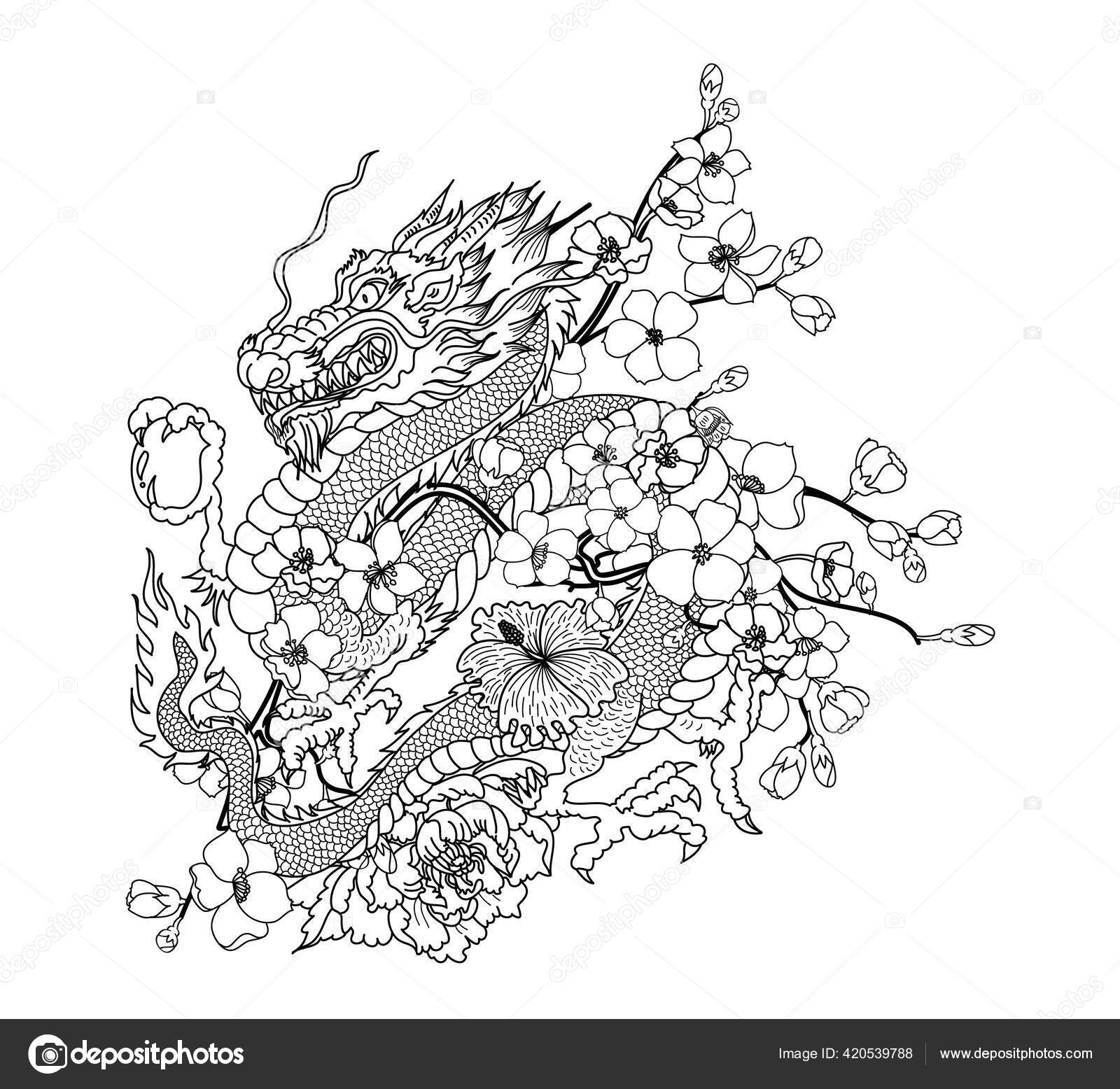 Hand drawn dragon tattoo coloring book japanese style japanese old stock vector by umamigmail