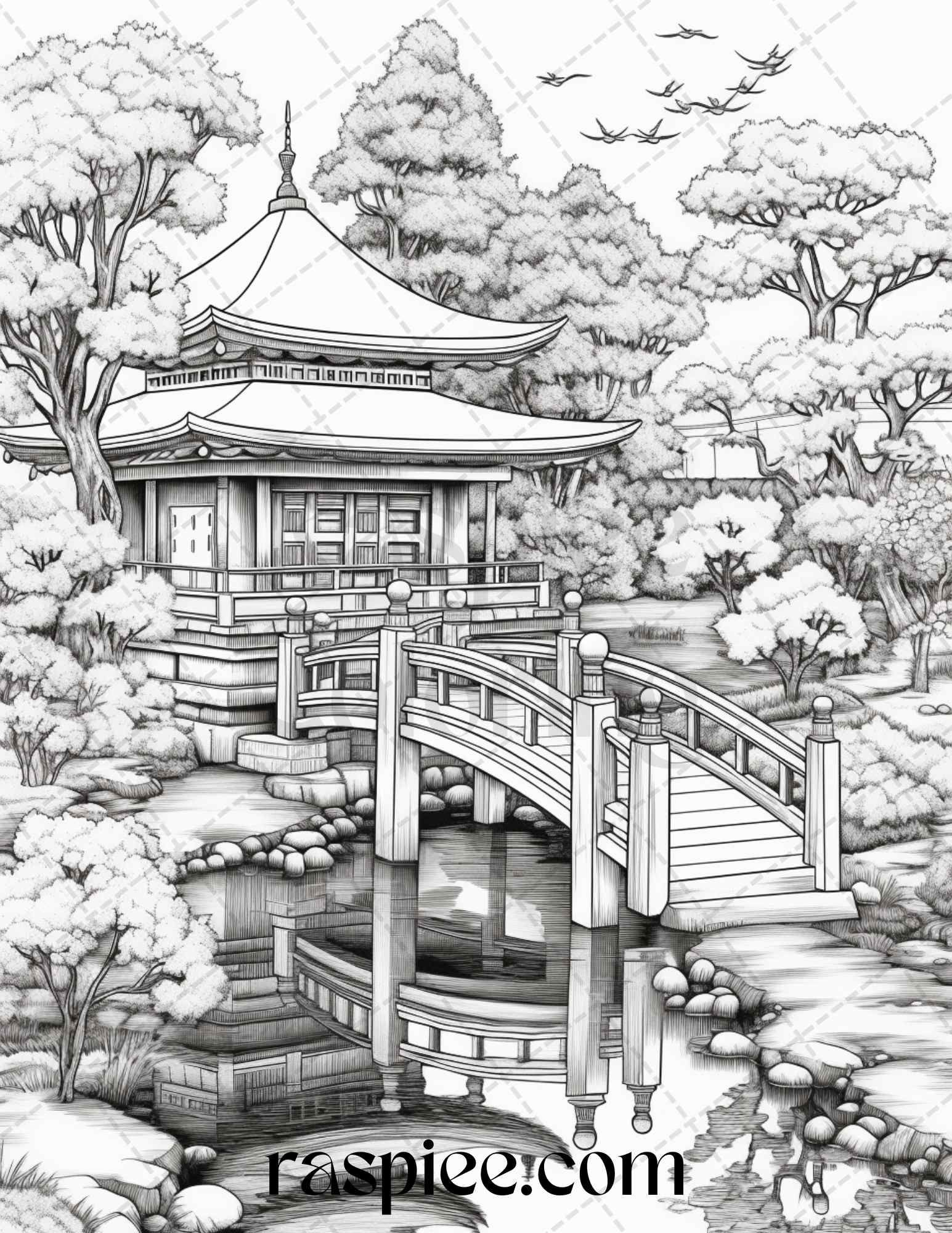 Japanese garden grayscale coloring pages printable for adults pdf fil japanese garden grayscale coloring japanese architecture drawings