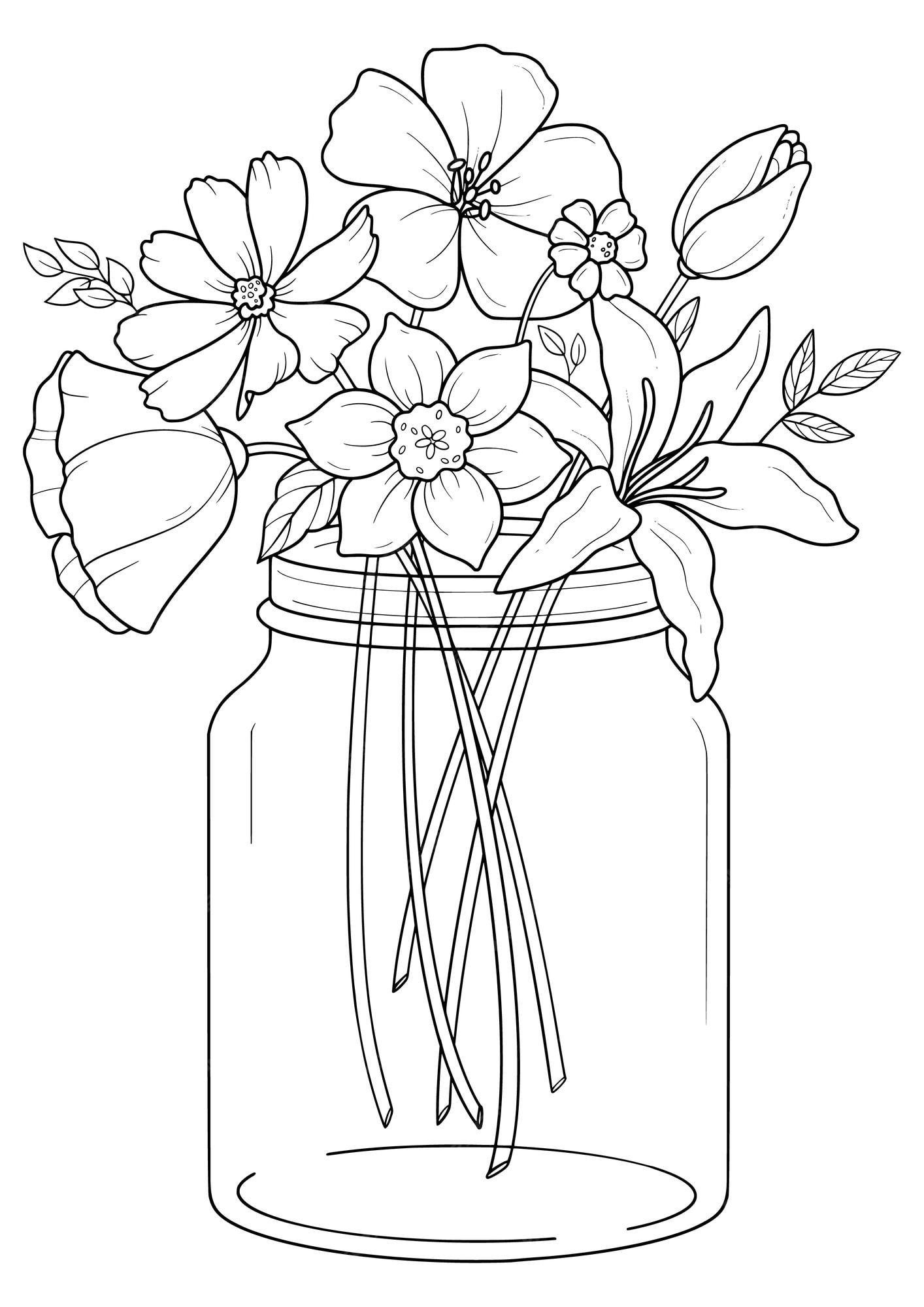 Premium vector a coloring page of a jar of flowers