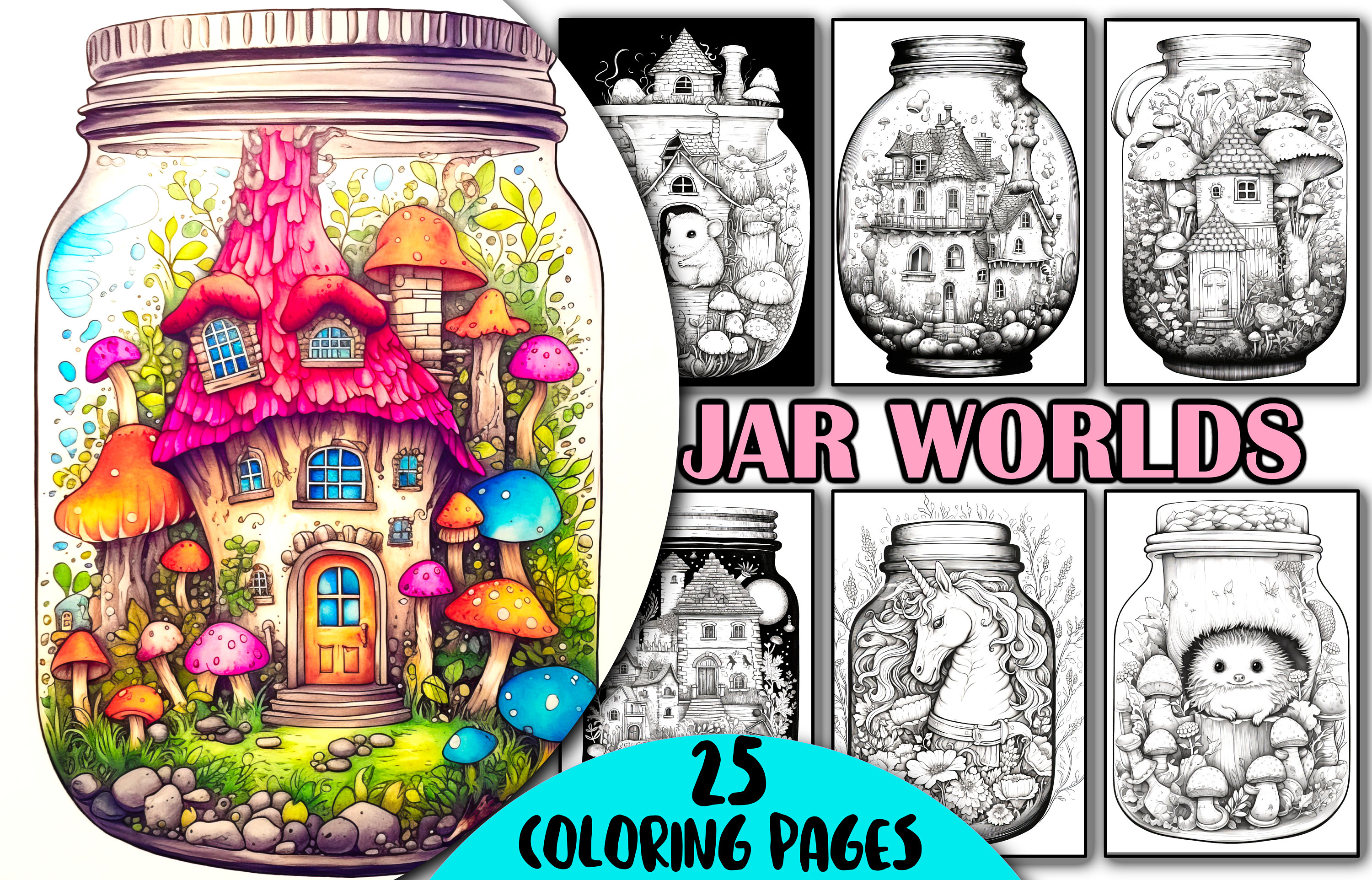 Whimsical jar worlds coloring pages adults kids teens coloring pages fantasy coloring book adorable animals instant download pdf download now