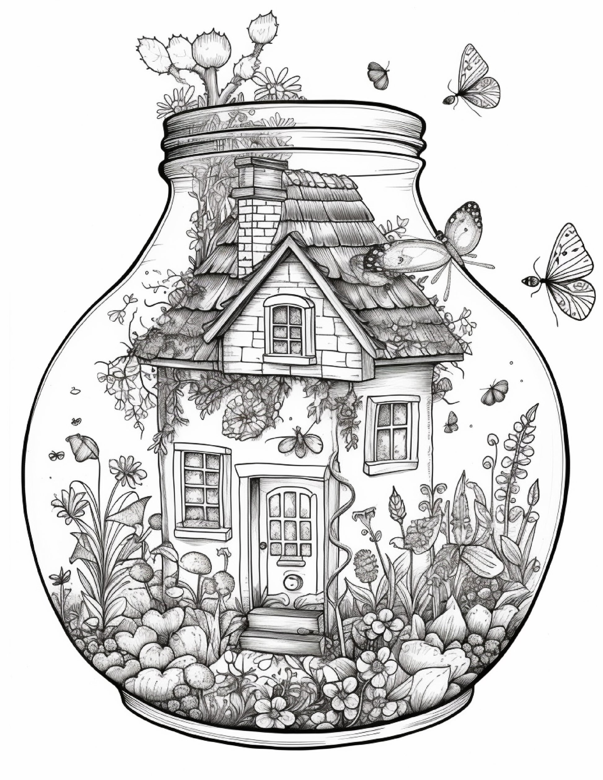 Printable fairy houses in jar coloring pages for adults grayscale â coloring